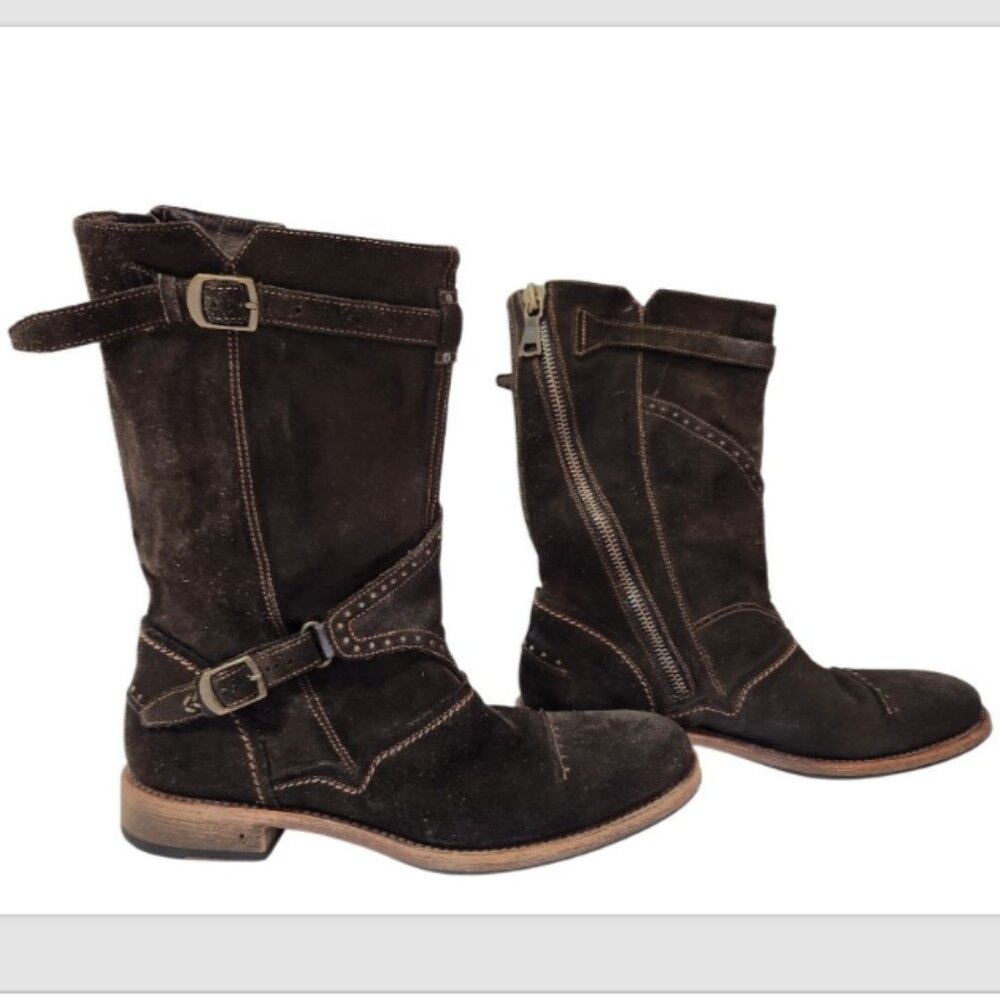 John Varvatos Italy Hand Made Suede Mid Calf Studded Buckle Straps Zip Boots